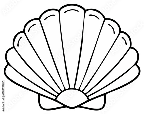 Simple black and white line drawing illustration of a scallop seashell, isolated on white background for coloring book or clipart