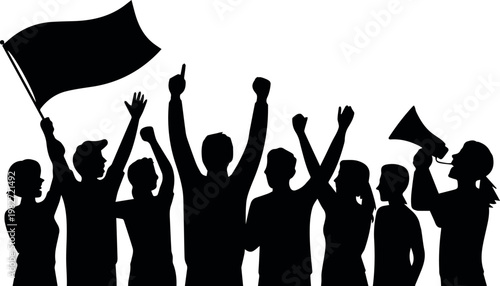 Group of protesters raising fists with flag and megaphone