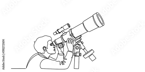 A simple black and white line drawing of a curious young student looking through a telescope lens.