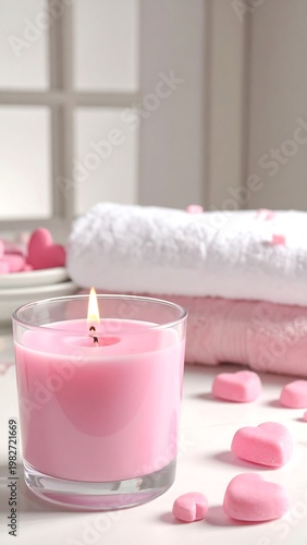 A serene setting with a lit pink candle, towels, and heart-shaped objects