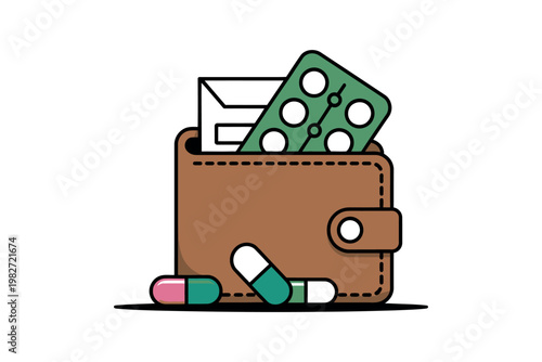 A cartoon illustration of a brown leather wallet with pills and a blister pack spilling out