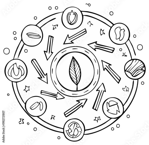 Ecological cycle shown with plant leaf, seeds, vegetables, fruits and arrows for recycling sustainability