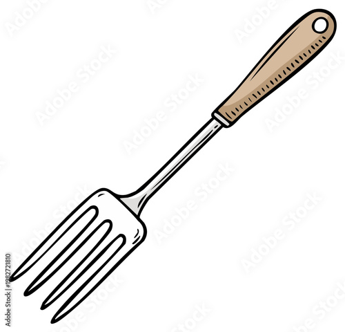 Illustration of a serving fork in a cartoon style with a wooden handle for cooking or eating purposes