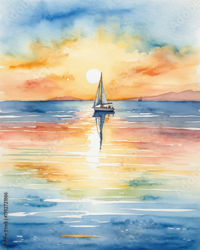 Serenity tranquility glow color mood harmony balanced ambiance; a sailboat drifts on a calm sea at sunset with watercolor glow across sky and reflection