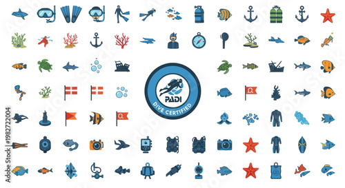 Ocean Life and Diving Equipment Icons Collection: Underwater Adventure and Marine Icons