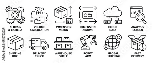 Logistics and warehouse doodle icon collection, hand-drawn sketch vector set, AI vision systems, cargo volume calculation, delivery truck, robotic arm, warehouse automation, and supply chain managemen