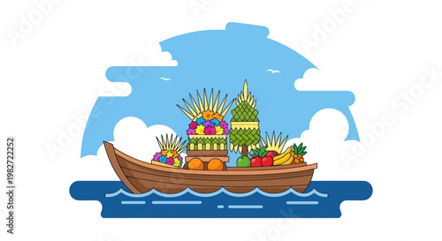 Balinese Offering Boat with Fruits and Flowers, Tropical Island Tradition