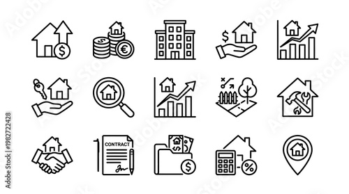 Business Handshake Icons Set for Financial Agreements and Growth Analysis