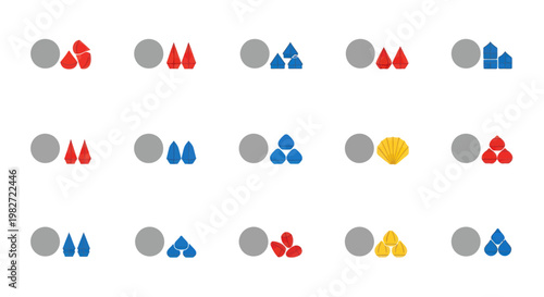 Abstract Geometric Shapes and Icons Collection: Circles, Triangles, Shells in Red, Blue, Yellow