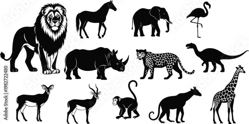 Wild animal silhouettes collection featuring safari and jungle species, mammals and birds, black vector illustration set for wildlife, nature, zoo, and educational design