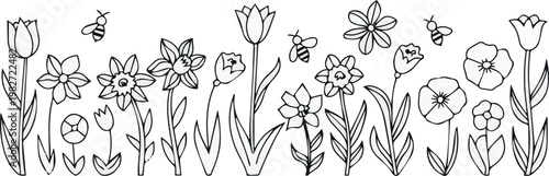 Wildflower meadow with bees and flower stems