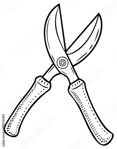 Stylized Illustration of Open Garden Shears with Contrasting Blades and Textured Handles