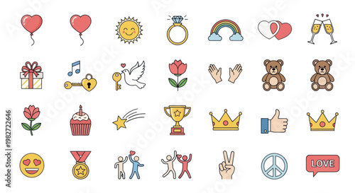 Love, Celebration, and Joy Icons Set: Hearts, Gifts, Trophies, and More