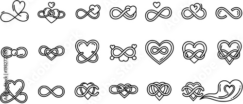 Black and White Line Art Collection of Intertwined Heart and Infinity Symbols for Love and Romance