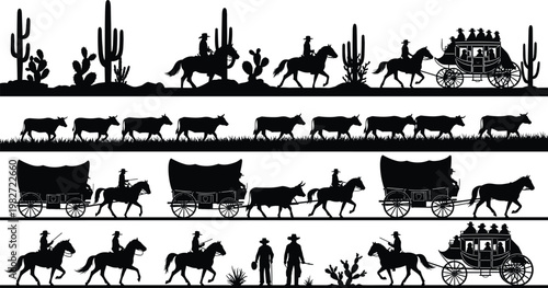 Wild west frontier silhouettes with cowboys, horses, cattle drive and stagecoach in desert landscape isolated in black vector western historical collection