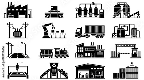 Set of Industrial Factory Buildings and Machinery Silhouettes in Black and White