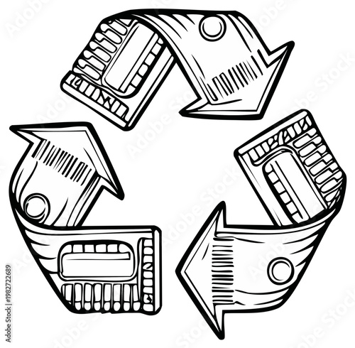 Recycling symbol with memory chips for electronic waste management concept art in black line drawing style