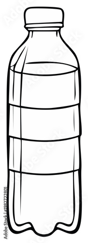 Stylized Vector Illustration of Plastic Water Bottle Filled with Liquid Outlined in Black and White, Isolated