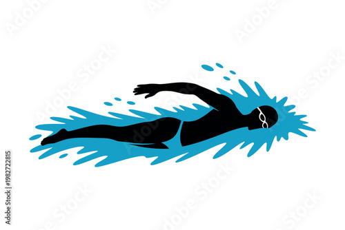 A woman in a black swimsuit swims through blue water with a splash effect around her.
