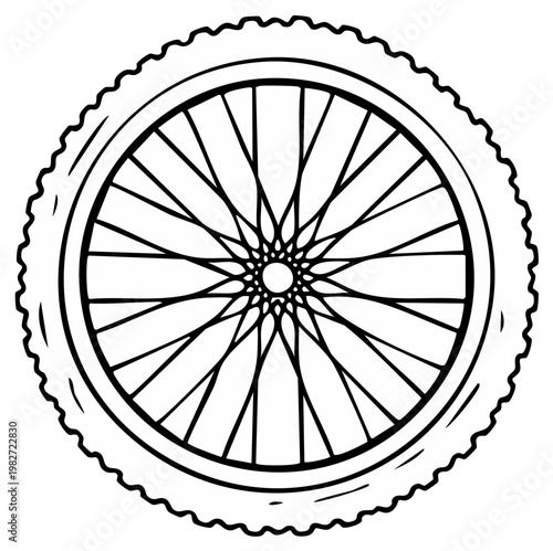 Hand drawn illustration of a bicycle wheel with knobby tire and spokes