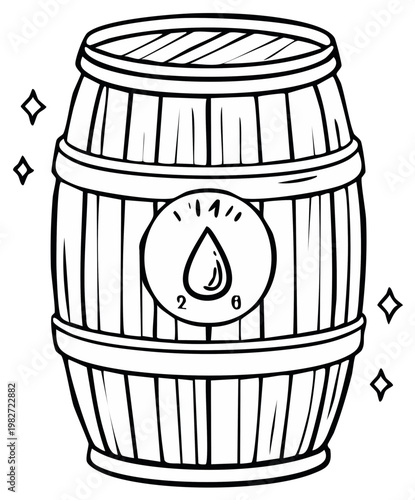 Wooden Barrel with Liquid Drop Emblem and Sparkles Illustration