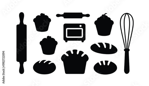 Bakery and dessert preparation silhouette set including rolling pin oven cupcake bread dough whisk and pastry making tools in minimal vector style