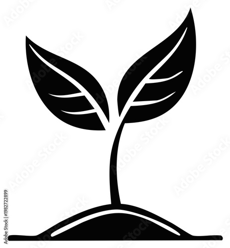 Simple black and white illustration of a new plant sprout emerging from fertile soil representing growth and new beginnings
