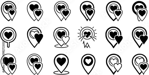 Black and White Line Art Icons of Heart Location Pointers for Dating and Love