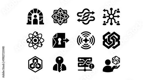 Set of Twelve Scientific and Technical Icons in Black and White for Digital and Educational Use
