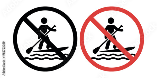 Prohibited and allowed paddleboarding symbols on water safety icon set showing restriction and permission rules aquatic sport vector illustration