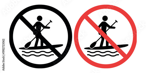 Prohibited and allowed paddleboarding symbols water safety icon set with no and permitted signs for aquatic sports regulation vector design