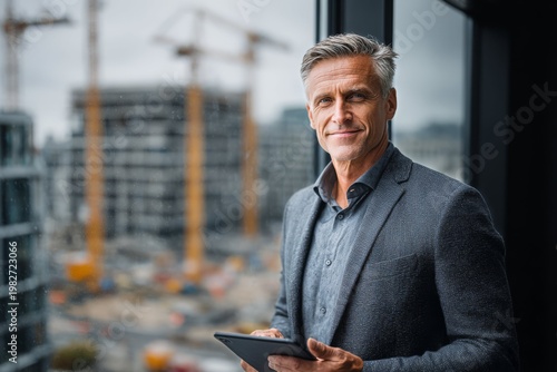 Construction director standing with tablet in hands, panoramic window overlooking construction site, slight smile, business attire, confident professional. AI generative