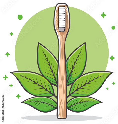 Eco-Friendly Bamboo Toothbrush Illustration with Green Leaves and Organic Design