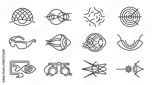 Set of Abstract Line Art Icons Illustrating Eye, Brain, Focus, and Mind Concepts in Minimal Style