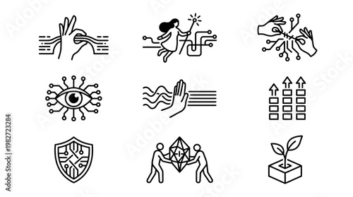 Set of Modern Icons Representing Technology, Security, Communication, and Innovation in Thin Line Design