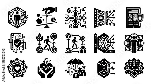 Vector Icon Set Depicting Cyber Security and Data Protection Concepts in Modern Style