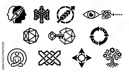 Set of Vintage Line Art Icons Representing Human Nature Society and Technology