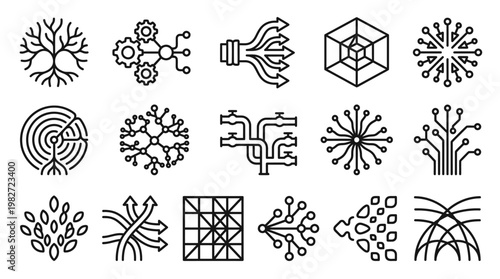 Vector Icon Set of Abstract Network Connections and Neural Network Symbols