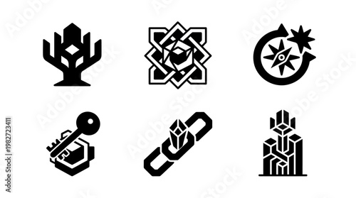 Set of Six Unique Black Vector Icons Representing Nature Music Science Technology and Fantasy Themes