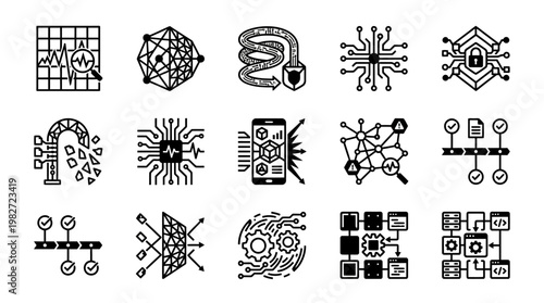 Icons Set of Technology and Network Symbols for Digital Communication and Connectivity