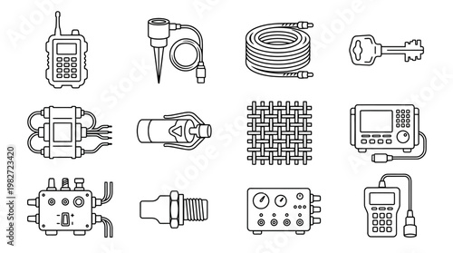 Icons Set of Communication Devices and Networking Equipment in Vector Style