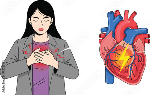 Young woman clutching chest in pain with anatomical heart illustration showing lightning bolt for cardiac arrest heart attack symptoms and cardiovascular health awareness medical concept