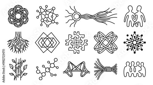 Vector Illustration of Diverse Neural Network Icons Showing Brain Connectivity and Data Process Flow