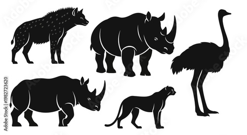 African Animals Silhouettes Set: Rhino, Ostrich, Hyena, and Cheetah Wildlife Collection