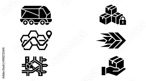 Vector Icon Set of Delivery Vehicles Warehousing and Supply Chain Symbols