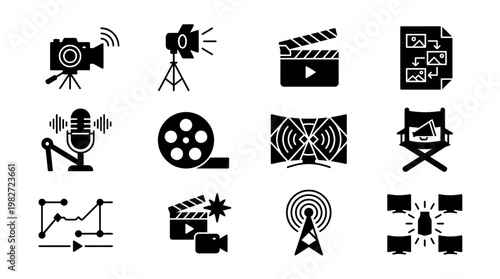 Icons Set With Video, Sound, Media Production, and Communication Symbols for Digital Content Design