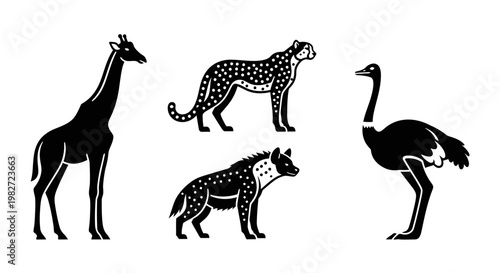 African Safari Animals Silhouette Set: Giraffe, Cheetah, Hyena, Ostrich Black and White Graphic Design