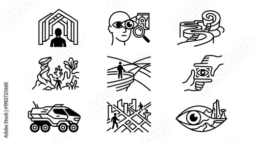 Set of Nine Modern Line Art Icons Representing Nature Travel and Technology for Digital Use