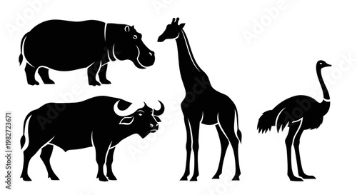 African Safari Animals Silhouettes Collection: Hippo, Giraffe, Buffalo, Ostrich