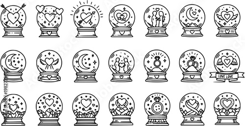 Black  White Line Art Love Snow Globes Collection. Outline Icons for Romantic Valentine's Day, Wedding, and Anniversary Designs.